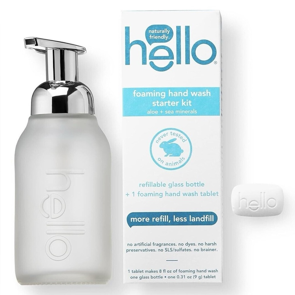 HELLO NIB Foaming Hand Soap Tablet Starter Kit Refillable Glass Bottle 1 Tablet